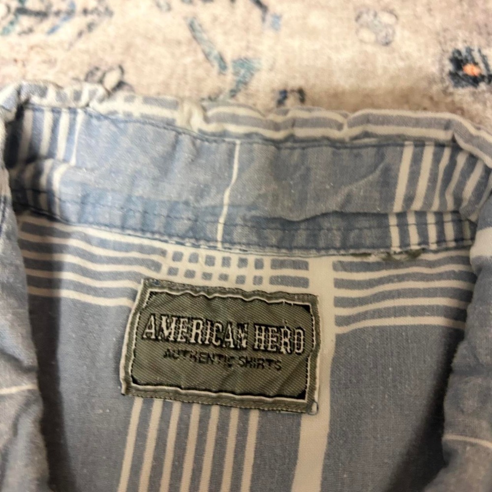 Vintage 90s American Hero Blue White Checkered Cropped Short Sleeve Shirt Mens L - Picture 4 of 7